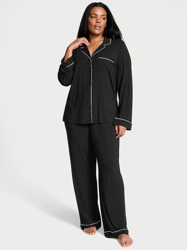 Modal Soft Long Pajama Set, BLACK, large