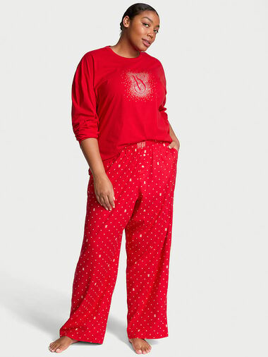 Pijama De Franela Con Camiseta De Manga Larga, LIPSTICK LOGO DOTS, large