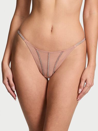 Sheer Shine Thong Panty, Almond Beige, large