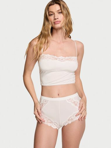 Conjunto De Cuello Recto De Modal Y Ribetes De Encaje, Coconut White, large