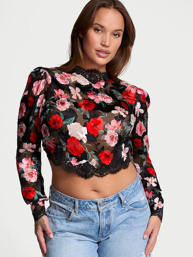 Bolero De Satén Y Ribetes De Encaje Noir Burnout Atelier Victoria's Secret, BLACK FLORAL, large