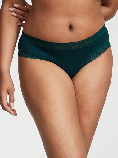 Lace Waist Ribbed Cotton Cheeky Panty, Black Ivy, large
