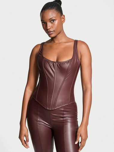 Classic Faux Leather Corset Set, BURGUNDY BROWN, large