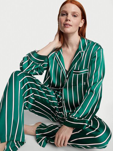 Satin Long Pajama Set, Deepest Green Stripe, large