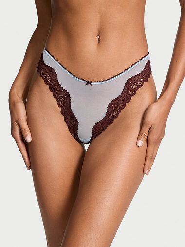 Tanga De Malla Y Pernera Alta Con Ribete De Encaje Tease, Light Blue, large