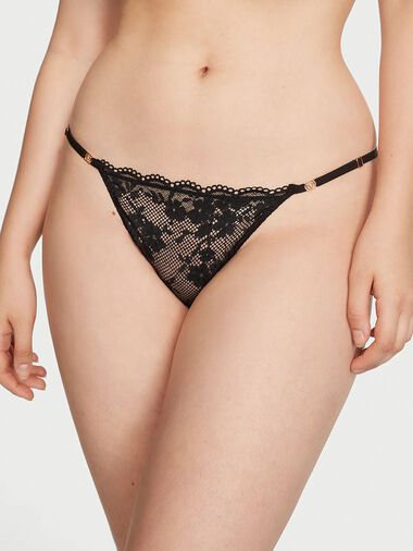 Adjustable String Lace Thong Panty, Black, large