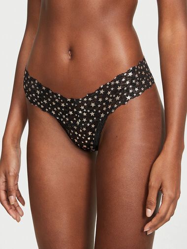 Foil-print Lace Thong Panty, Black, large
