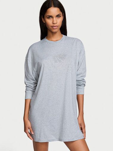 Camiseta Para Dormir De Manga Larga 100 % Algodón, Grey, large