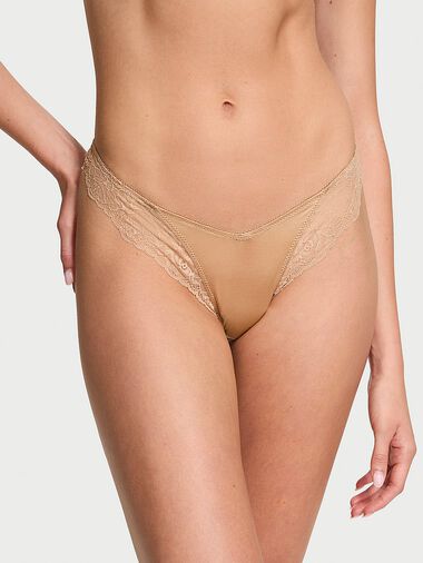 Rose Lace-trim High-leg Thong Panty, Praline, large