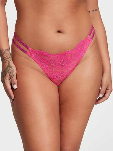 Tanga De Encaje Con Tiras Brillantes Dobles, Forever Pink, large