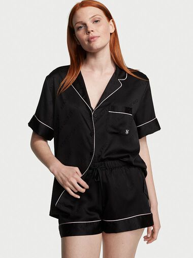 Satin Short Pajama Set, Black, large