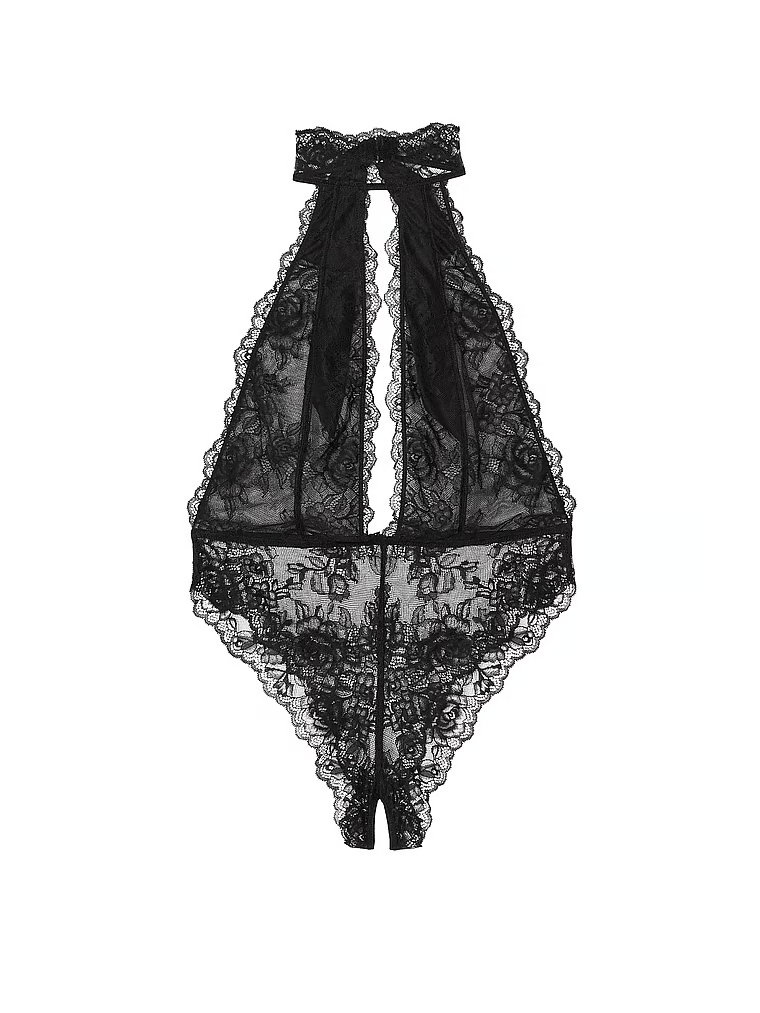 Rose Lace Halter Plunge Crotchless Teddy, Black, large