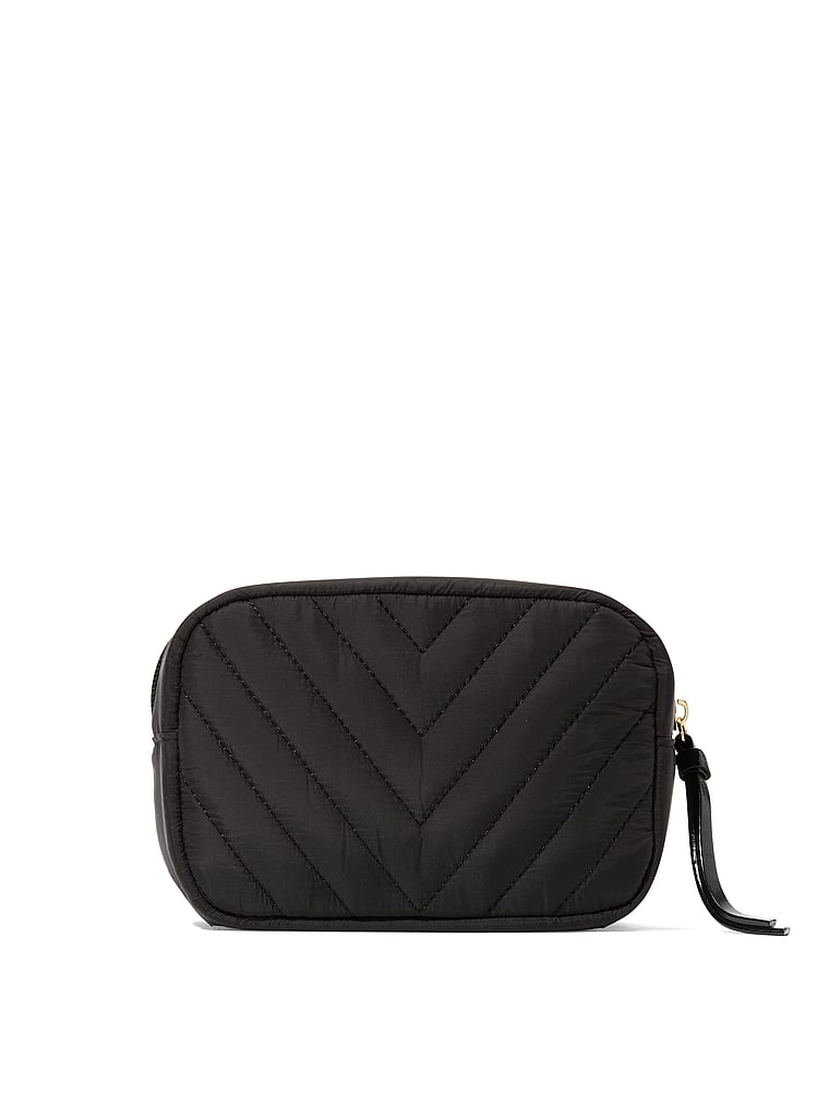 Travel Makeup Bag, Black V-Quilt, large