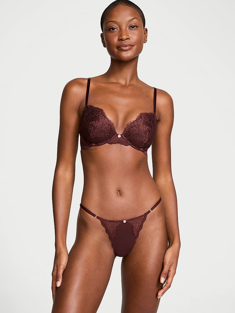 Tanga De V Ajustable Con Ribete De Encaje, Burgundy Brown, large