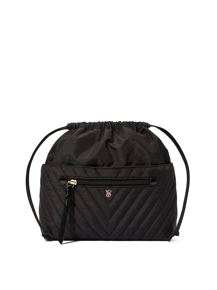 Cinched Travel Beauty Organizer Bag, Black V-Quilt, large