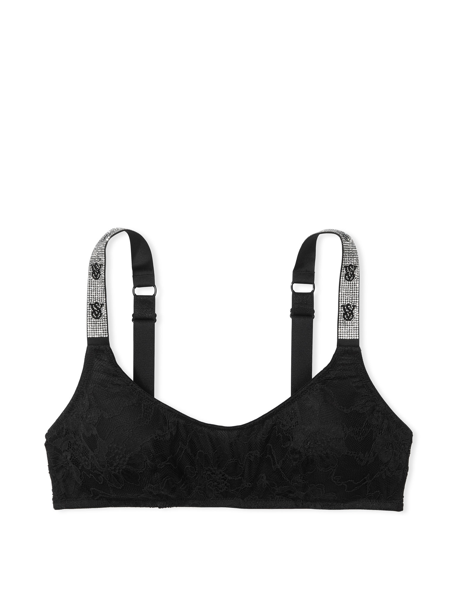 Bralette De Encaje Con Escote Redondo Y Tirantes Brillantes, BLACK093 54A2, large