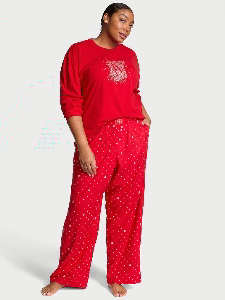 Pijama De Franela Con Camiseta De Manga Larga, LIPSTICK LOGO DOTS, large