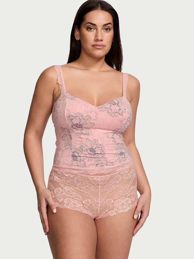Modal & Lace Cropped Cami Set, Pink Outline Floral, large