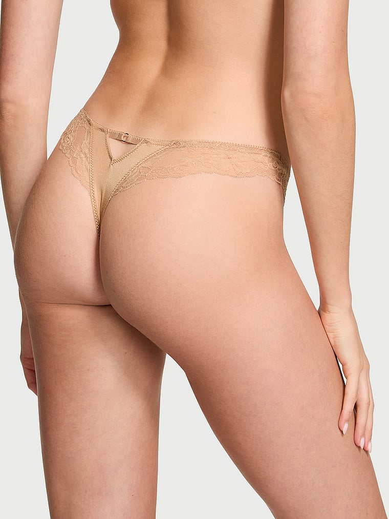 Rose Lace-trim High-leg Thong Panty, Praline, large