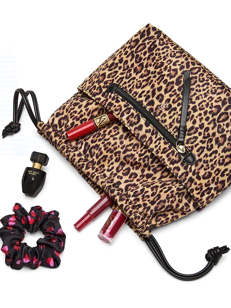 Cinched Travel Beauty Organizer Bag, Leopard, large