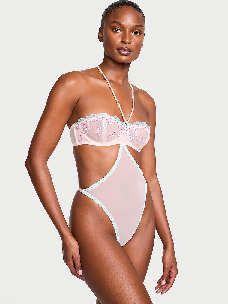 Cherry Blossom Embroidery Pearl Halter Teddy, Ballet Pink, large