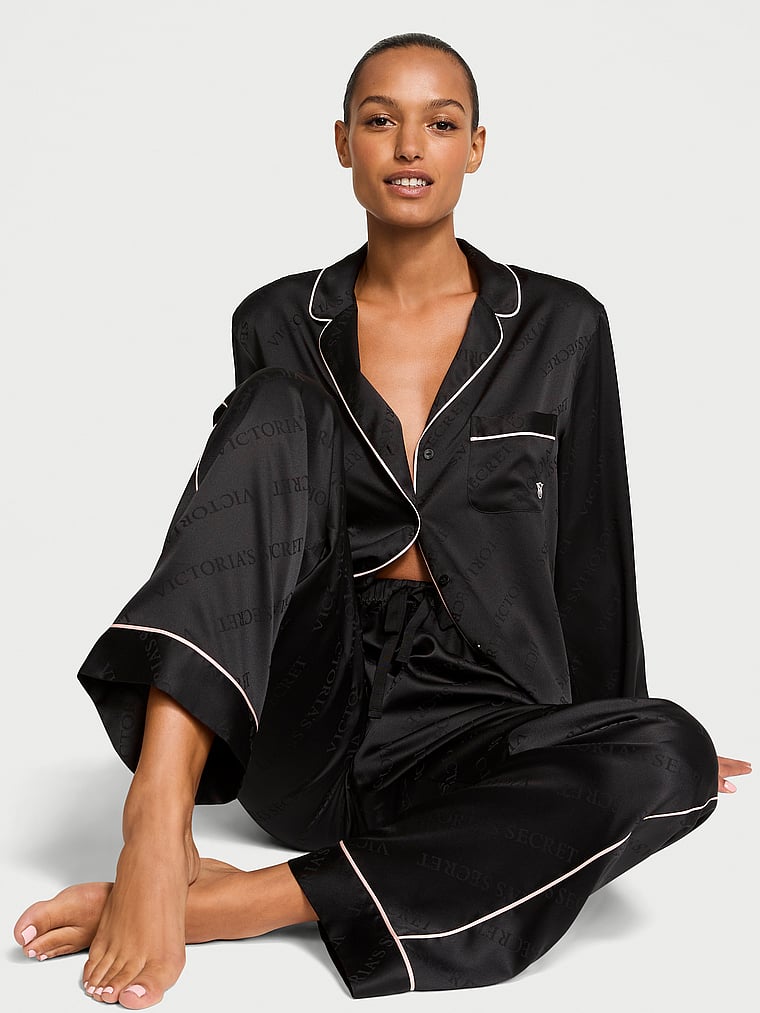 Pijama Largo De Satén Brillante, BLACK, large