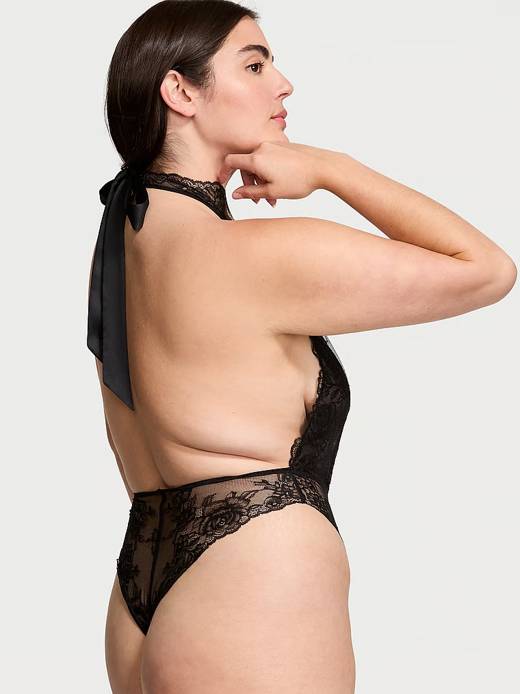 Rose Lace Halter Plunge Crotchless Teddy, Black, large