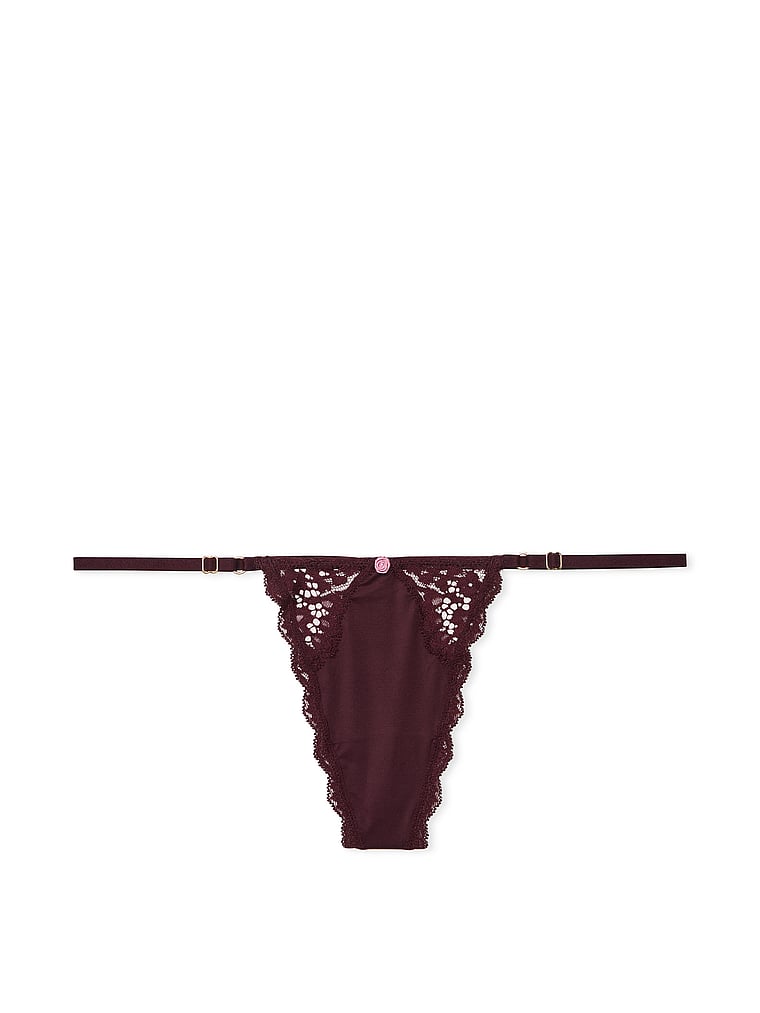 Tanga De V Ajustable Con Ribete De Encaje, Burgundy Brown, large