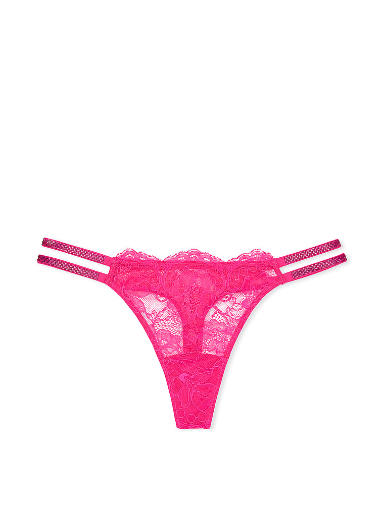 Tanga De Encaje Con Tiras Brillantes Dobles, Forever Pink, large