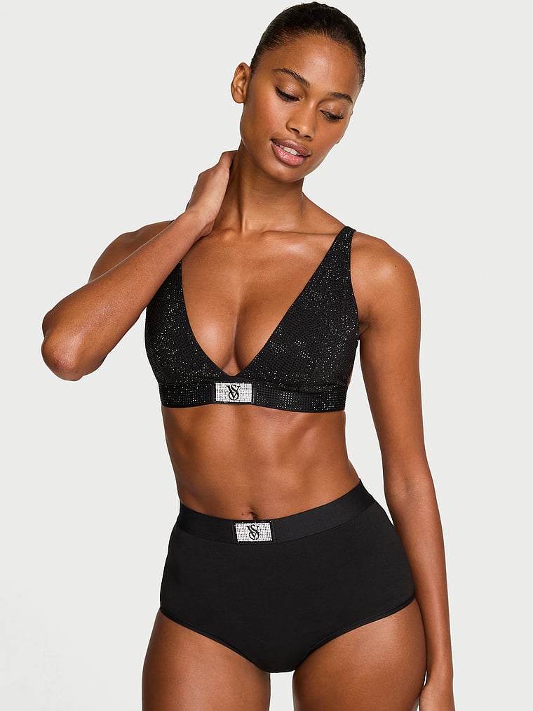 Shine Cotton Wireless Plunge Bralette, Black, large