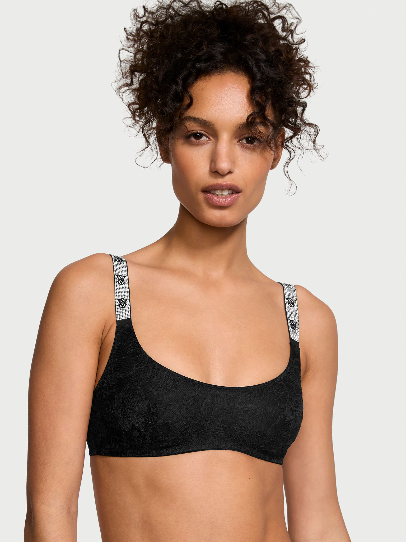Bralette De Encaje Con Escote Redondo Y Tirantes Brillantes, BLACK093 54A2, large