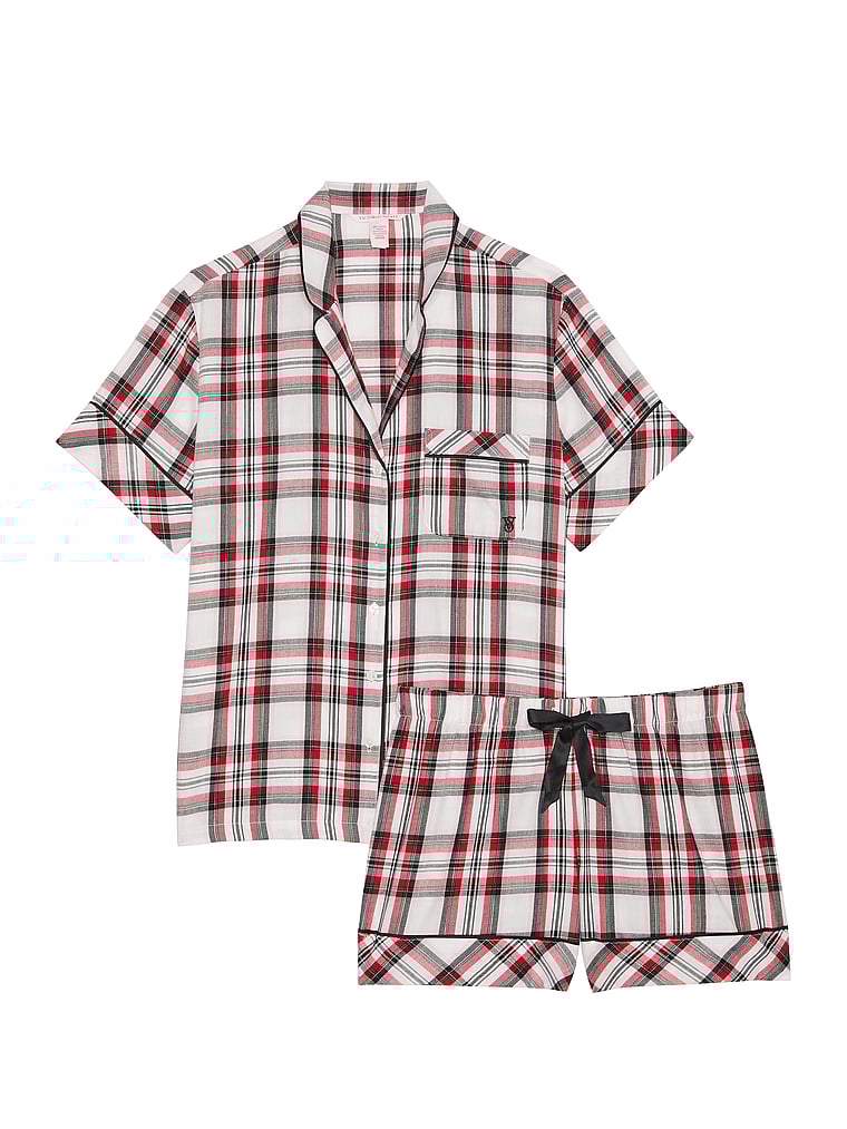 Flannel Short Pajama Set, WHITE  TRADITIONAL PLAID, large