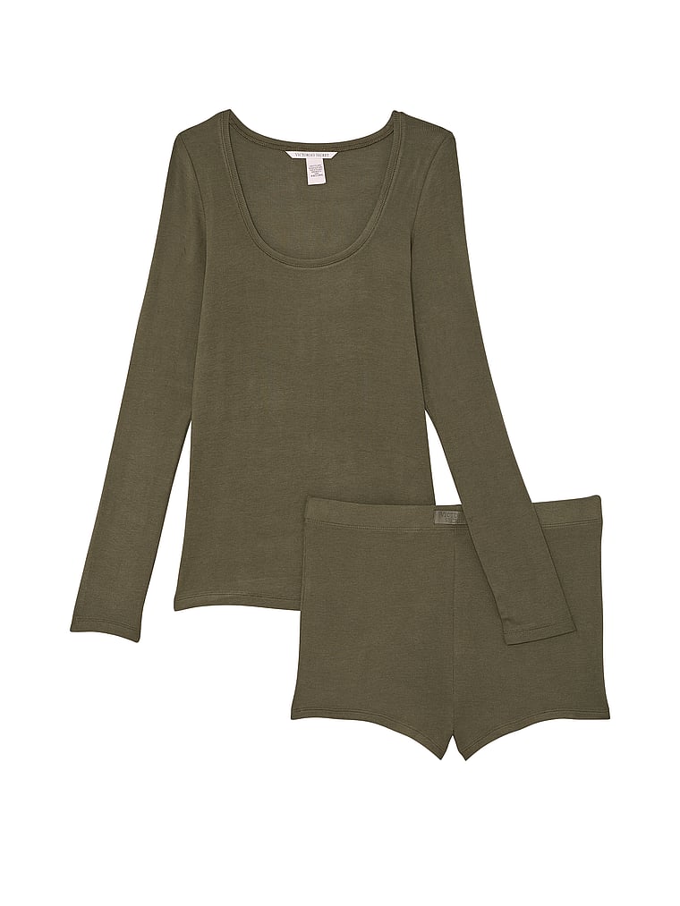 Ribbed Modal Scoop Long-sleeve Shortie Set, Casual Olive, large