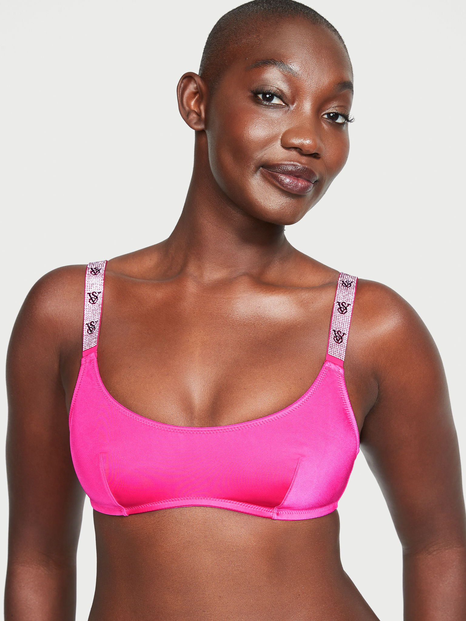 Bralette Con Escote Redondo Y Tirantes Brillantes, Hot Pink, large