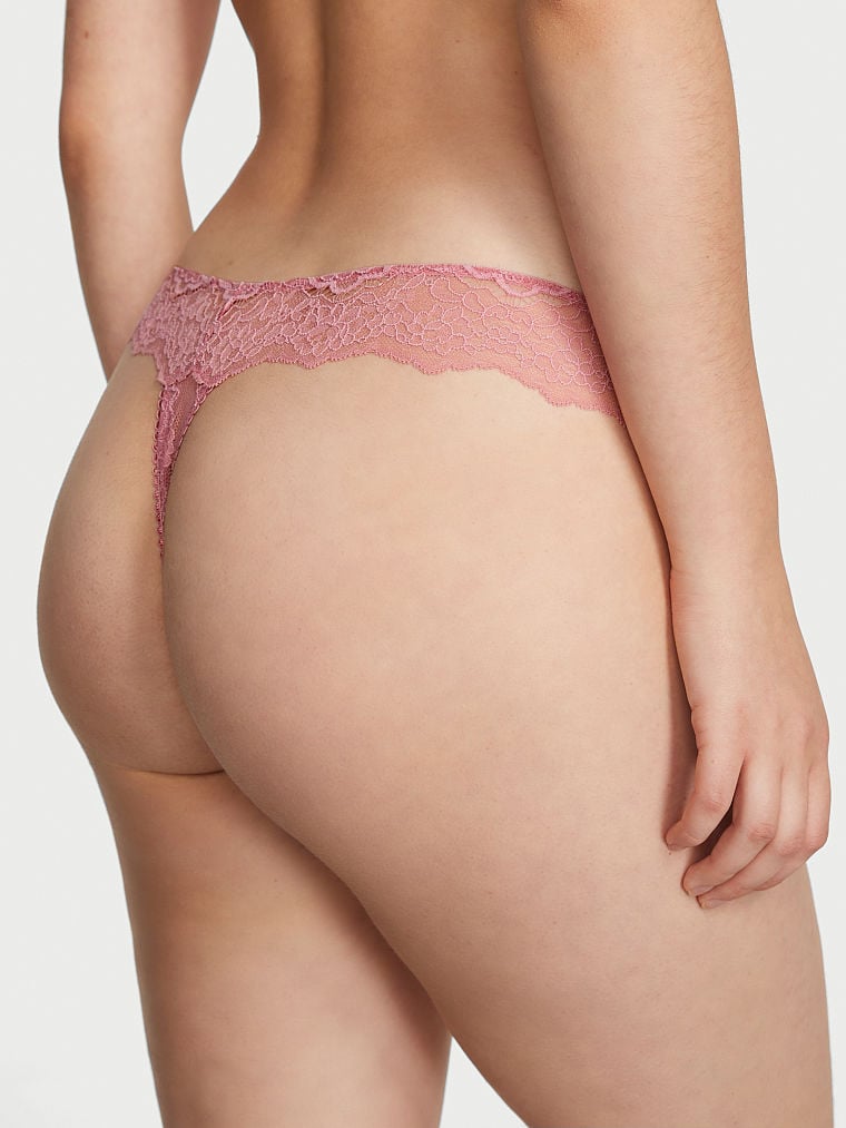 Ribbon Slot Lace Thong Panty, Dusk Mauve, large