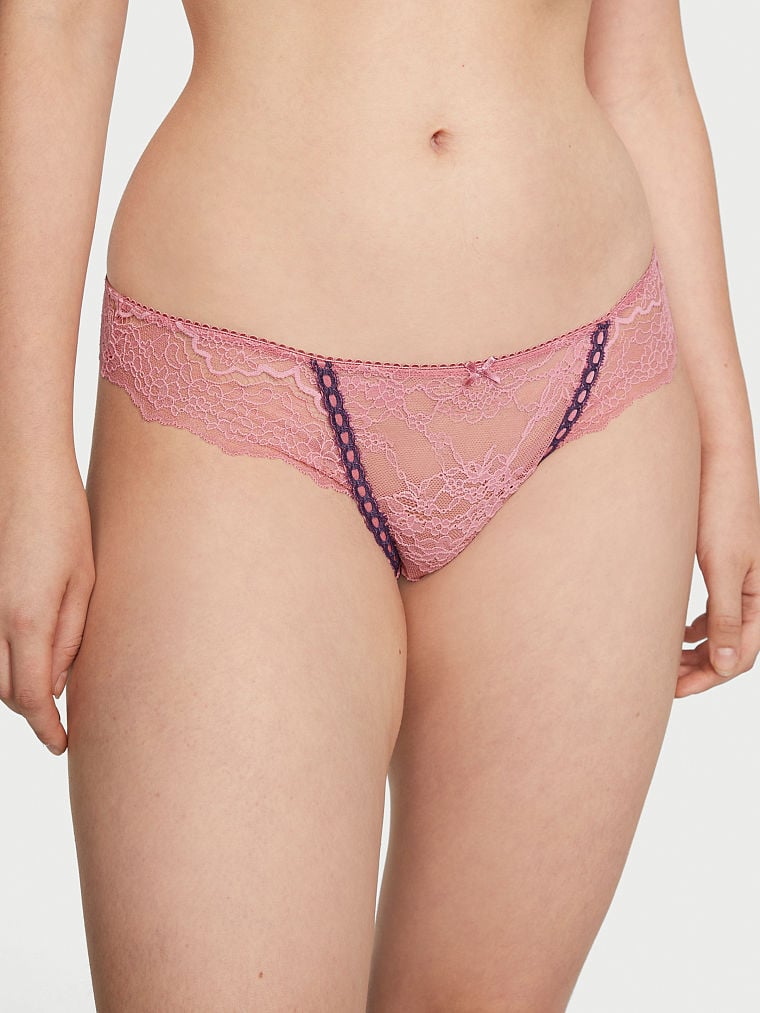 Ribbon Slot Lace Thong Panty, Dusk Mauve, large