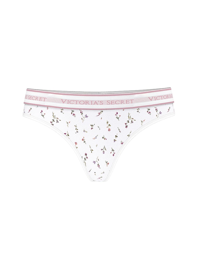 Logo Cotton Thong Panty, White Ditsy Floral, large