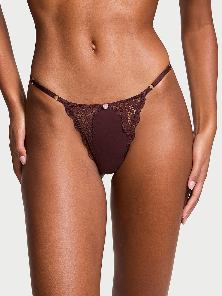 Tanga De V Ajustable Con Ribete De Encaje, Burgundy Brown, large