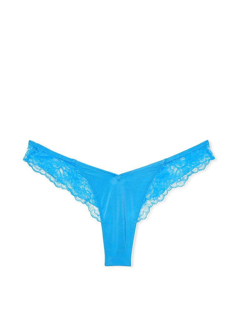 Tanga De Pernera Alta Con Ribete De Encaje De Rosas, Capri Blue, large