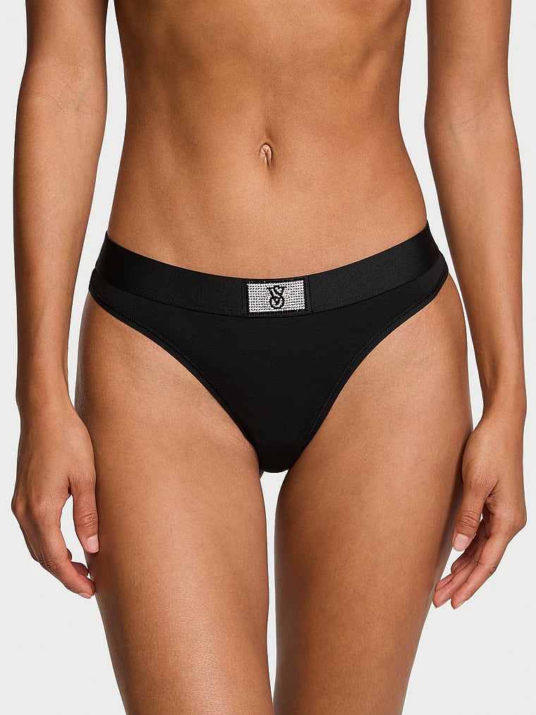 Tanga De Algodón Con Parche Brillante Con Logo, Black, large