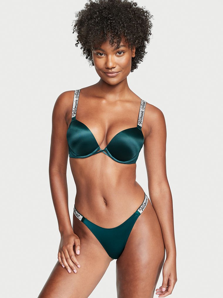 Victoria's Secret Brillo Tira Sexy Estrás Push-Up Sujetador Tangas Encaje  Negro