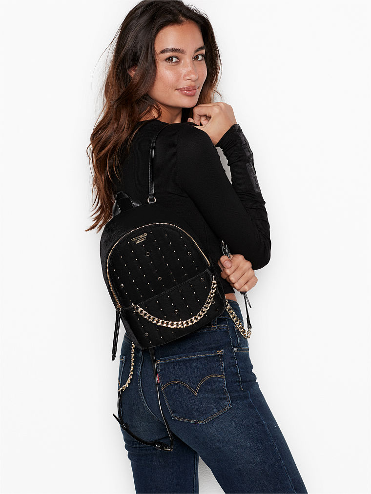 Mochila Urbana Pequeña De Terciopelo Con Tachuelas, Black, large
