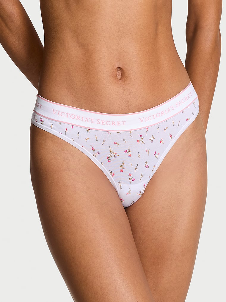 Logo Cotton Thong Panty, White Ditsy Floral, large