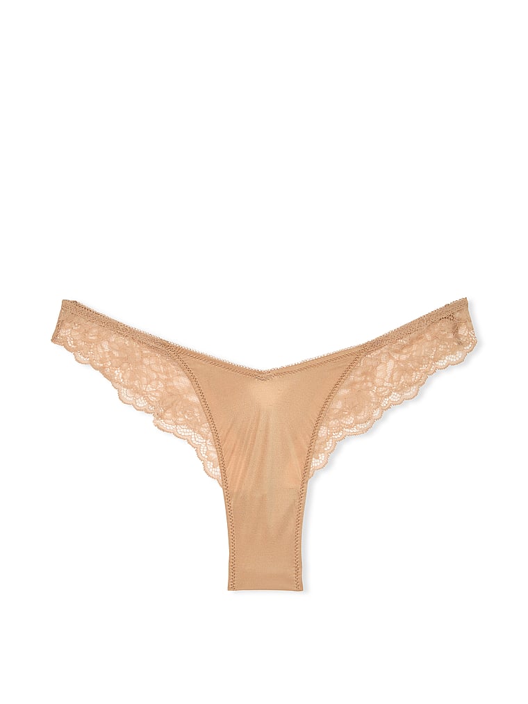 Rose Lace-trim High-leg Thong Panty, Praline, large