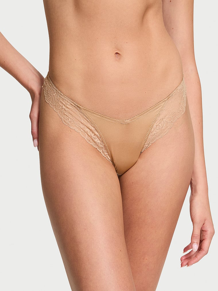 Rose Lace-trim High-leg Thong Panty, Praline, large