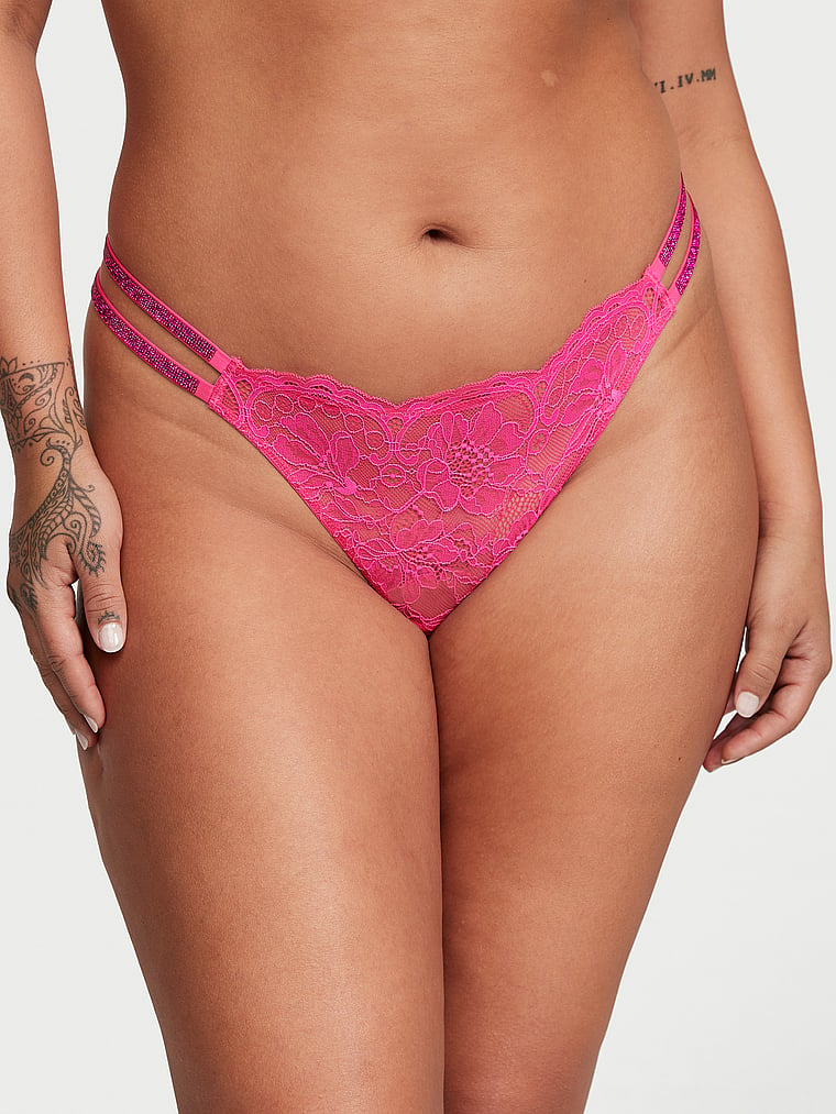 Tanga De Encaje Con Tiras Brillantes Dobles, Forever Pink, large