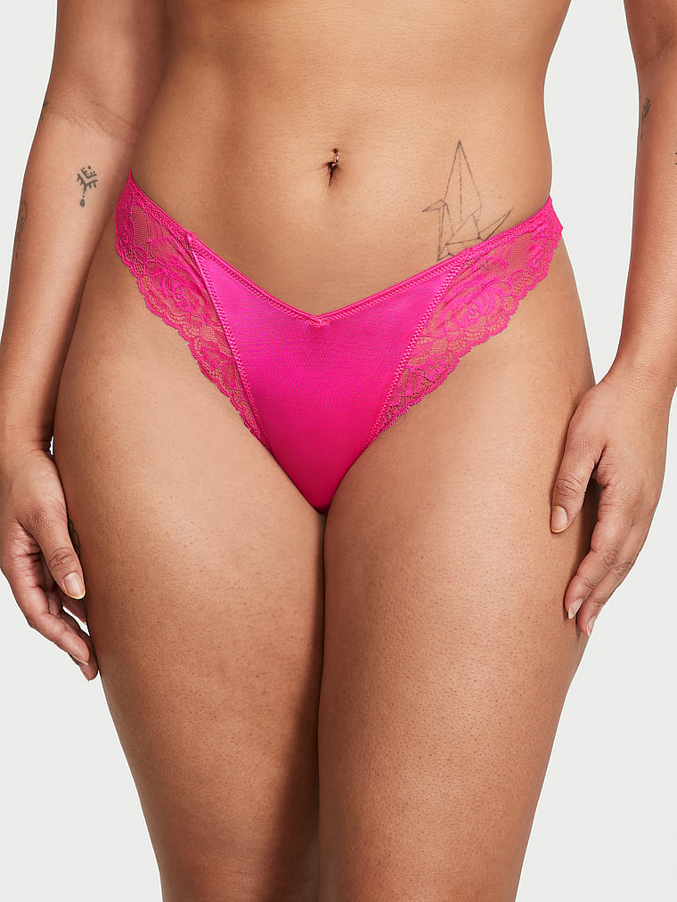 Tanga De Pernera Alta Con Ribete De Encaje De Rosas, Forever Pink, large