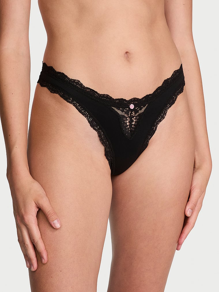 Tanga Con Ribetes De Encaje, Black, large