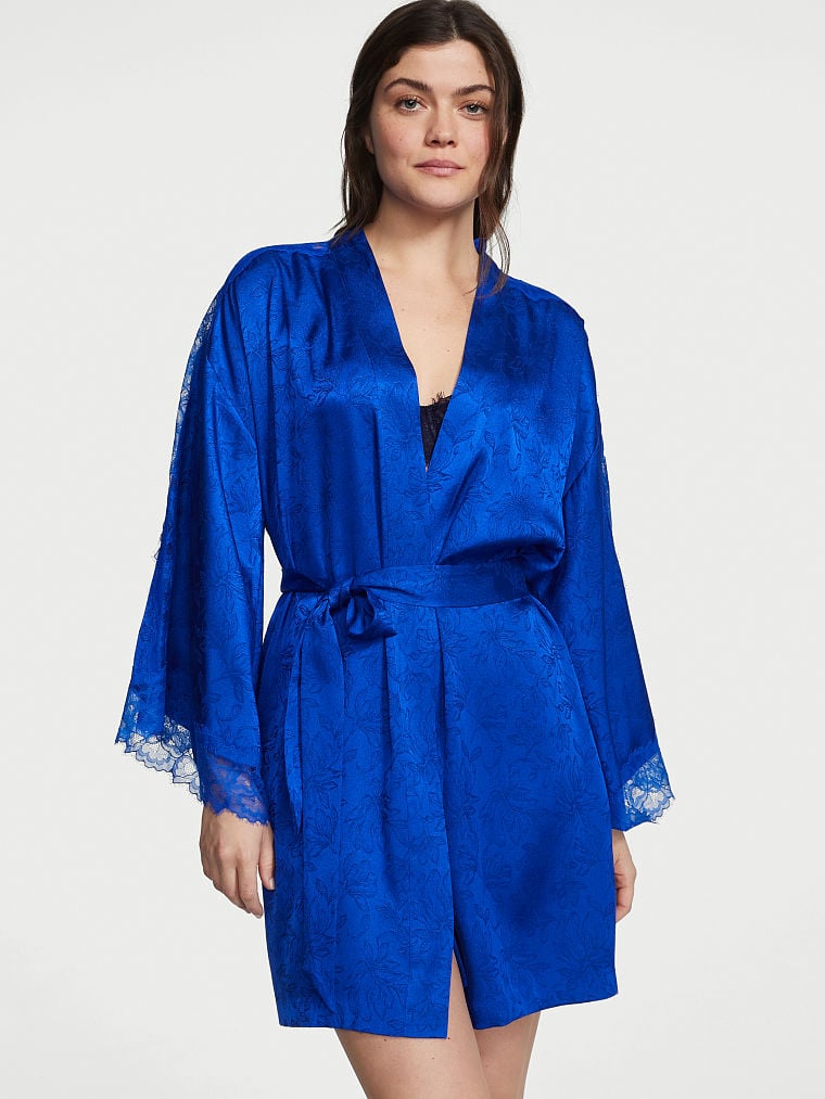 Bata De Jacquard Con Aplicaciones De Encaje, Blue Oar, large