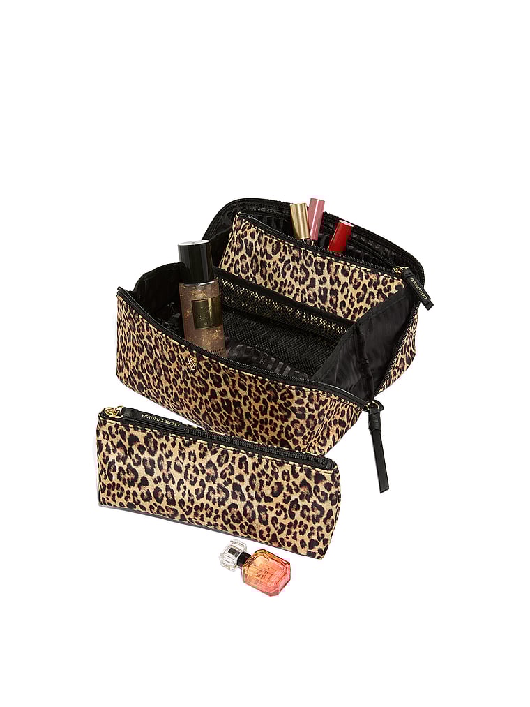 3-piece Expandable Travel Makeup Bag, Leopard, large
